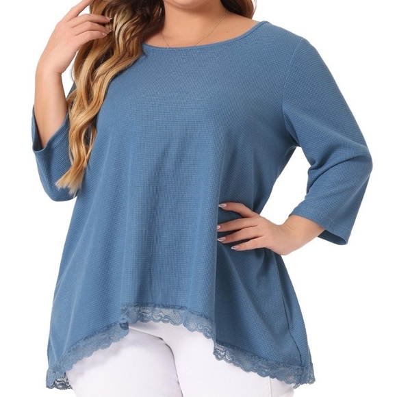 Agnes Orinda Tops - Agnes Orinda Blue Waffle Knit Top With Lace Detail. NWT